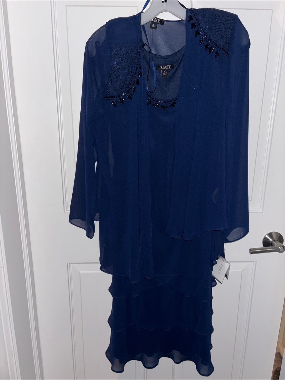 SLNY Navy Beaded Layered Chiffon Women's Dress
